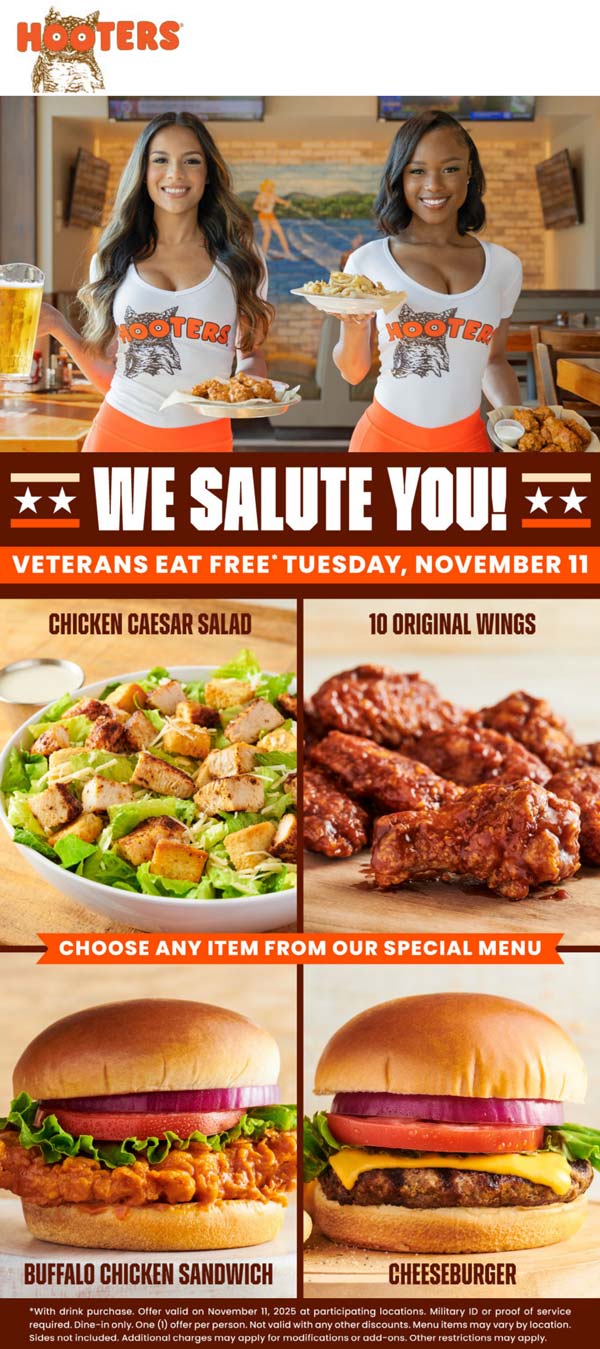 Hooters restaurants Coupon  Free meal for veterans today at Hooters #hooters 