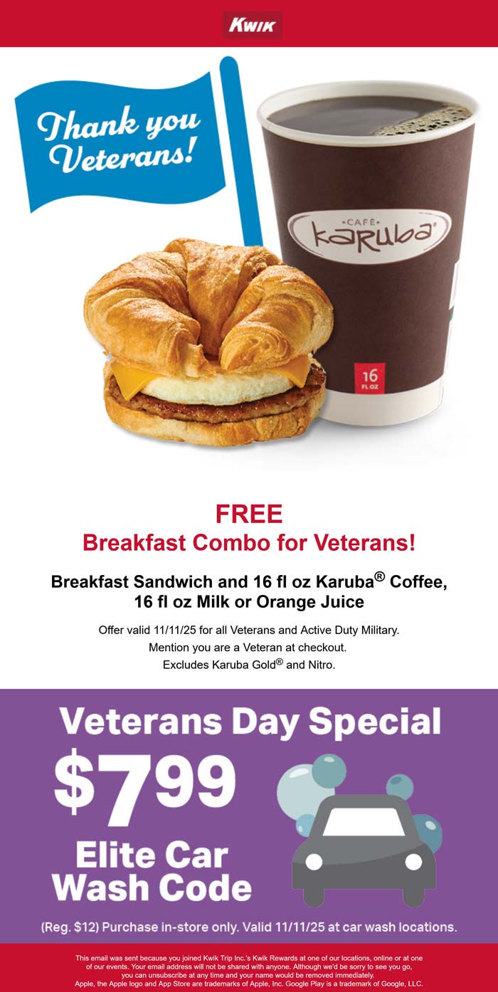 Kwik Trip restaurants Coupon  Free breakfast combo for veterans today at Kwik Trip gas stations #kwiktrip 