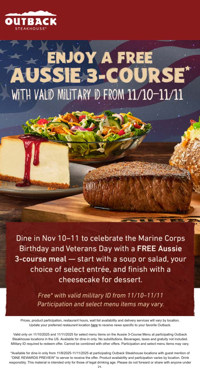 Outback Steakhouse restaurants Coupon  Free 3-course meal today with military ID at Outback Steakhouse #outbacksteakhouse 