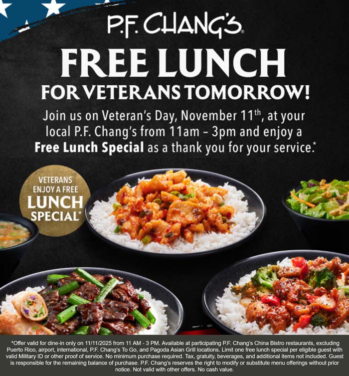 P.F. Changs restaurants Coupon  Free lunch for veterans today at P.F. Changs #pfchangs 