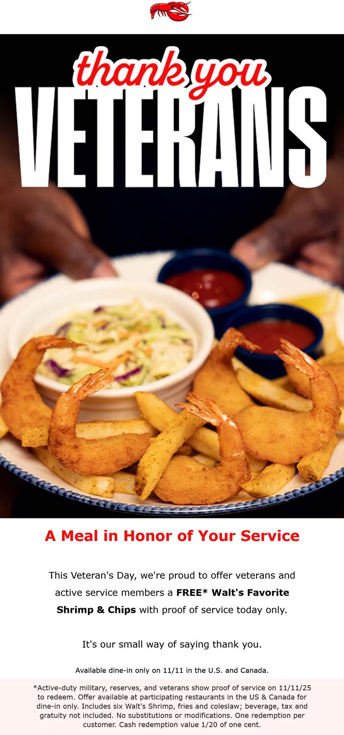 Red Lobster restaurants Coupon  Free shrimp & chips for veterans and active today at Red Lobster restaurants #redlobster 