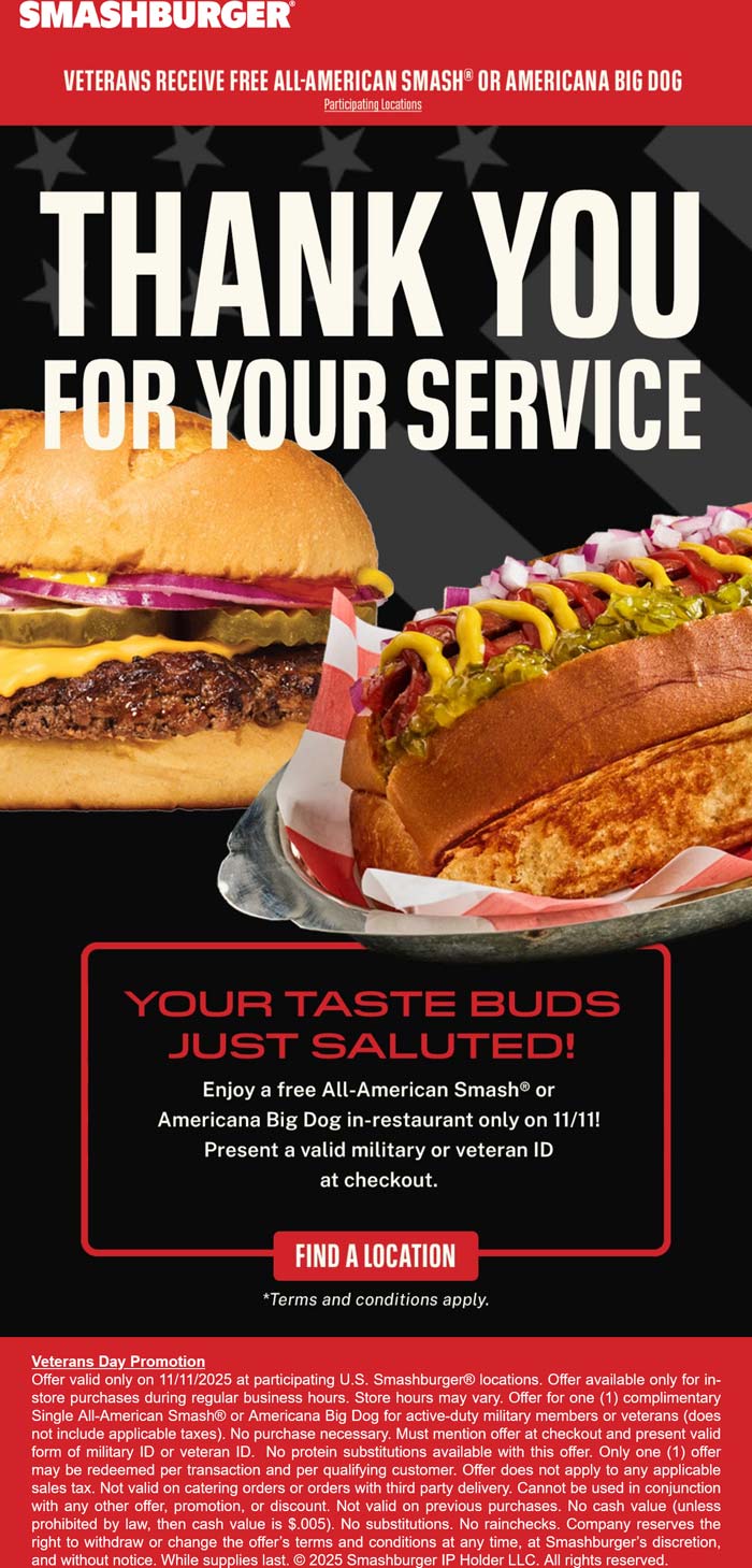 Smashburger Military ID scores a free cheeseburger or big dog today at Smashburger #smashburger Smashburger restaurants Coupon Military ID scores a free cheeseburger or big dog today at Smashburger #smashburger