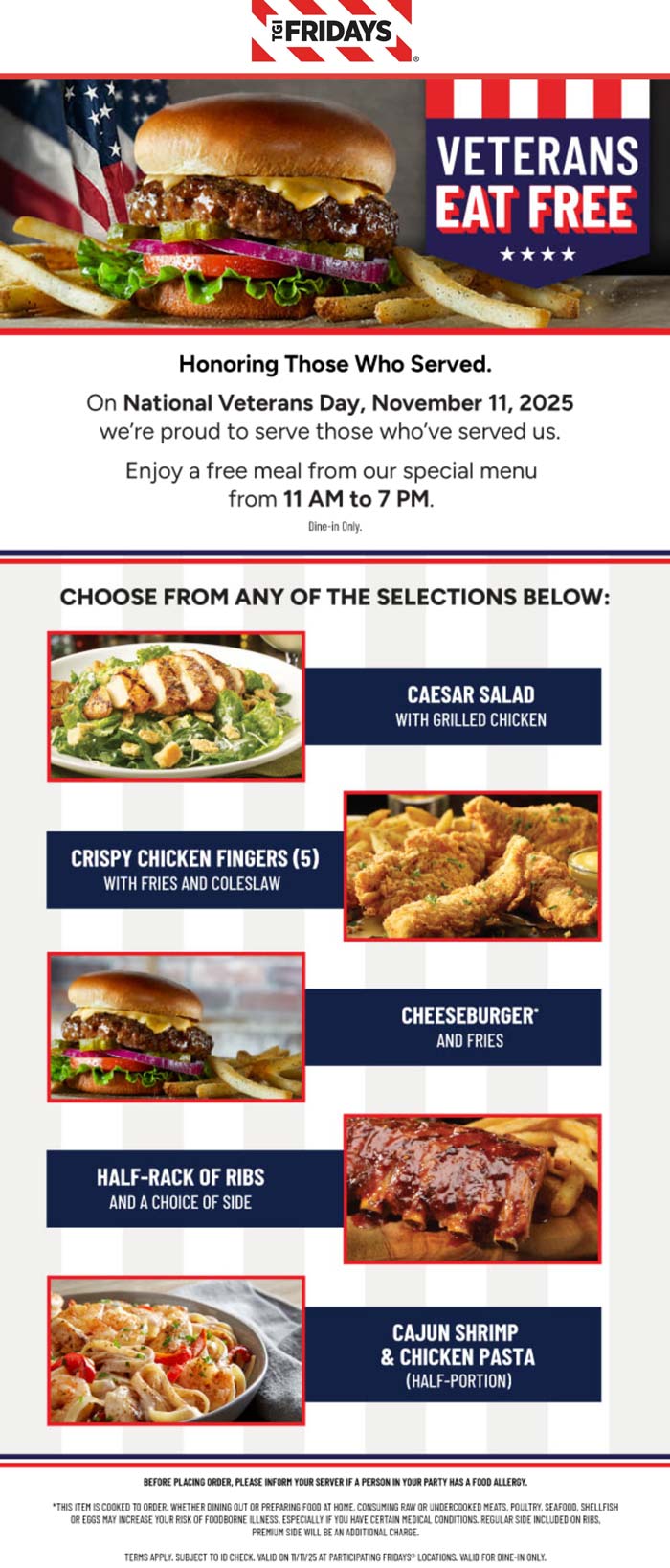 TGI Fridays restaurants Coupon  Free meal for veterans today at TGI Fridays #tgifridays 