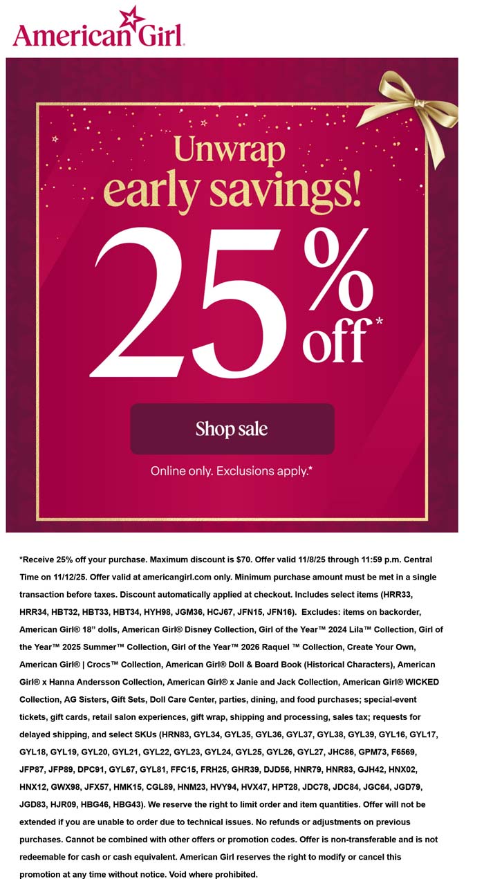 American Girl stores Coupon  25% off today at American Girl doll #americangirl 