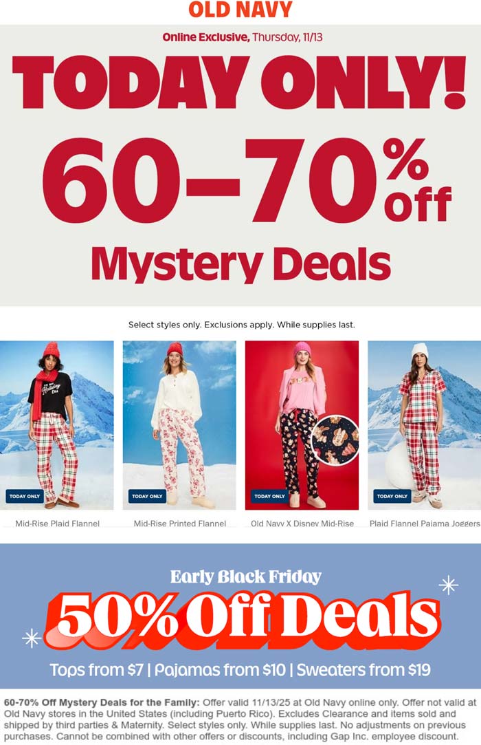 Old Navy 60-70% off various styles online today at Old Navy #oldnavy Old Navy stores Coupon 60-70% off various styles online today at Old Navy #oldnavy