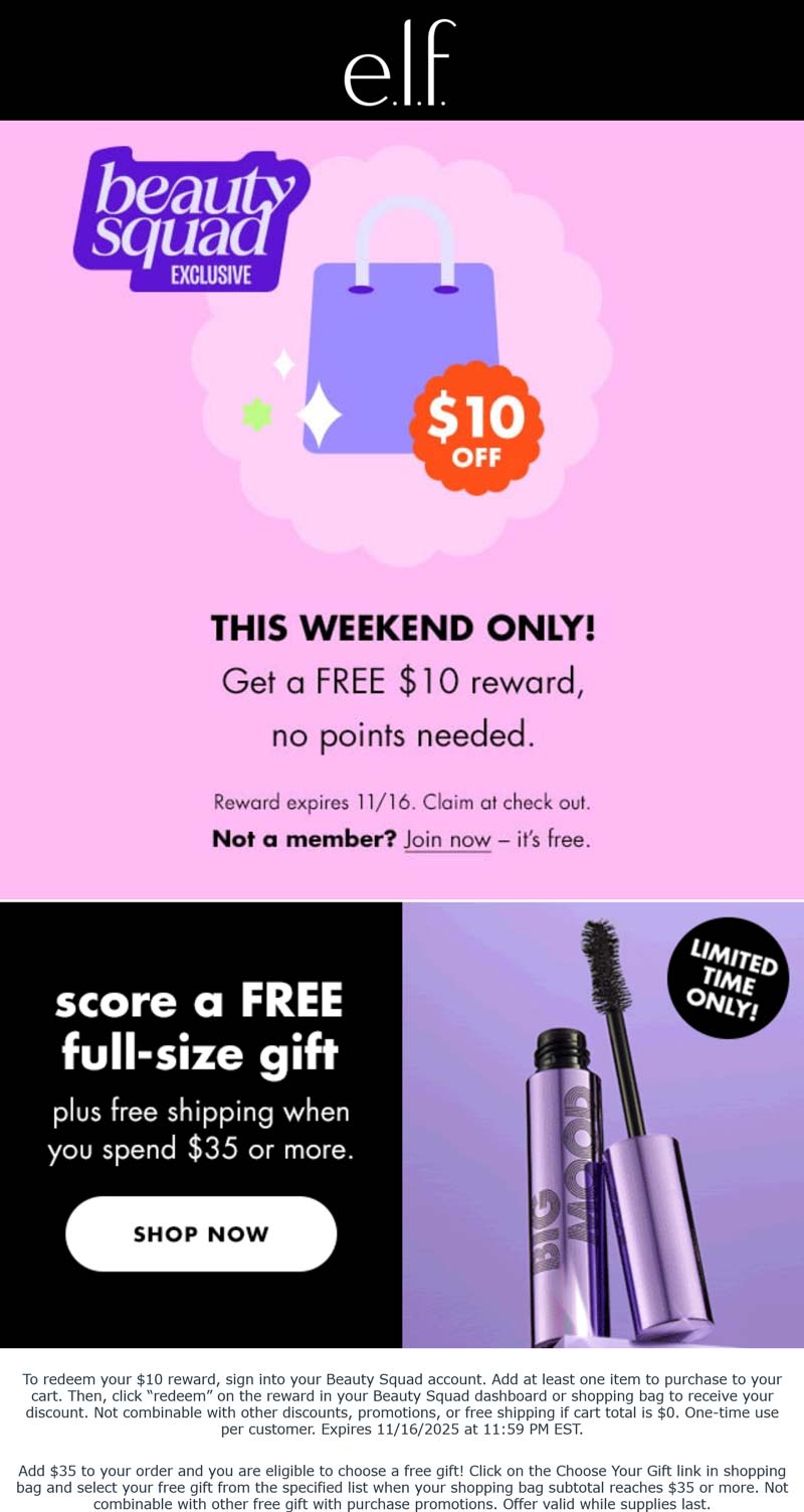 e.l.f. Cosmetics Free full size on $35 + $10 reward at e.l.f. Cosmetics #elfcosmetics e.l.f. Cosmetics stores Coupon Free full size on $35 + $10 reward at e.l.f. Cosmetics #elfcosmetics