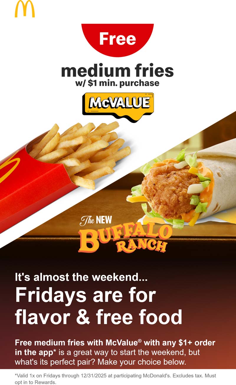 McDonalds Free fries on $1 today at McDonalds #mcdonalds McDonalds restaurants Coupon Free fries on $1 today at McDonalds #mcdonalds