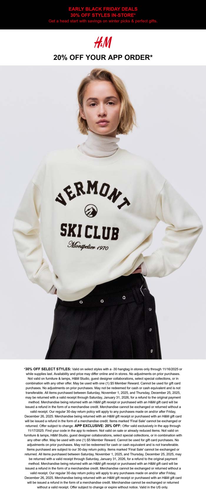 H&M stores Coupon  20-30% off at H&M #hm 