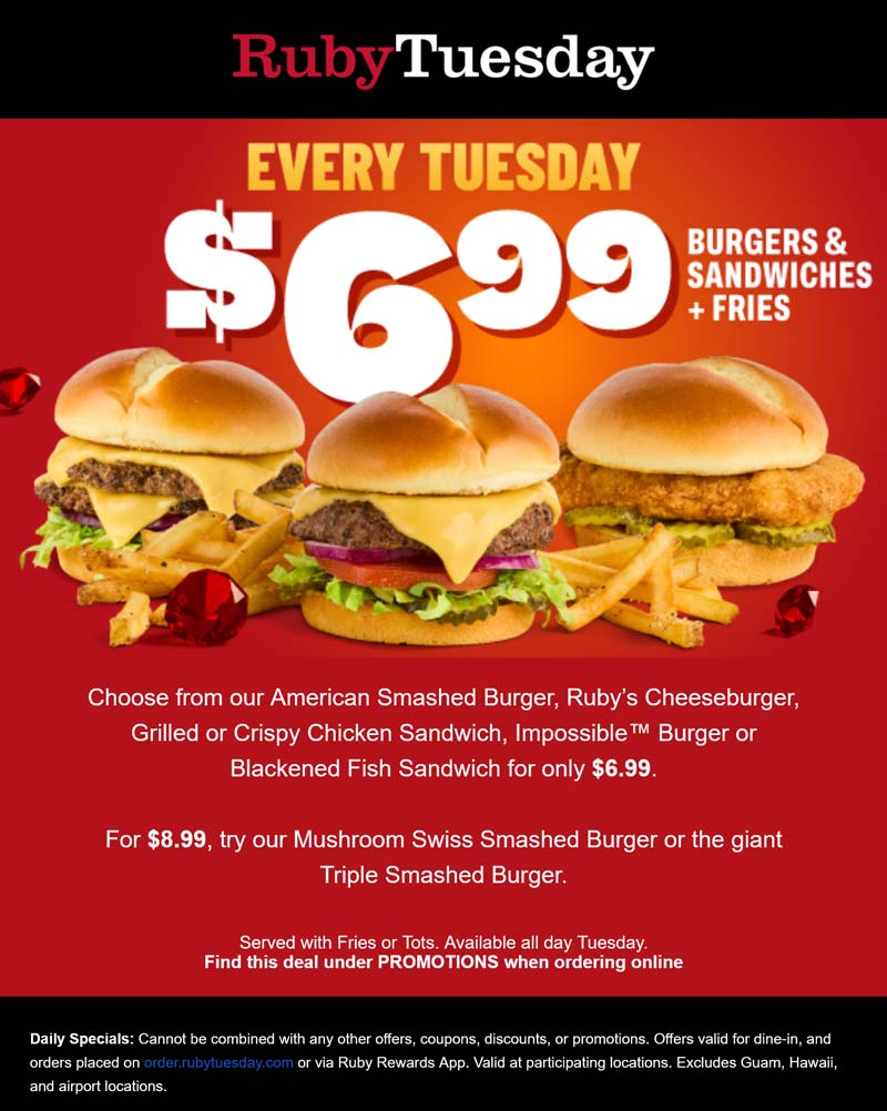 Ruby Tuesday restaurants Coupon  $7 cheeseburgers & sandwiches + fries today at Ruby Tuesday #rubytuesday 