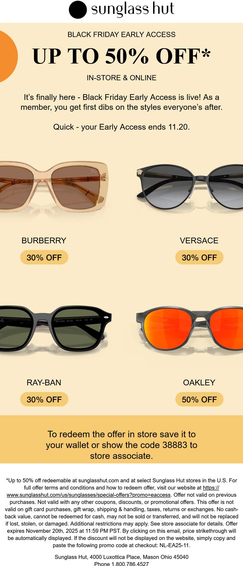Sunglass Hut stores Coupon  30-50% off at Sunglass Hut, or online via promo code NL-EA25-11 #sunglasshut 
