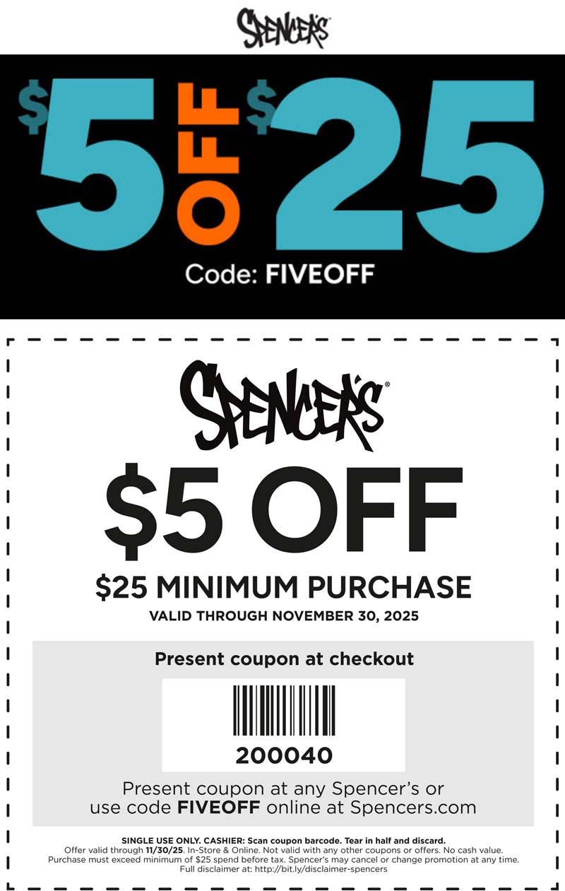 Spencers stores Coupon  $5 off $25 at Spencers, or online via promo code FIVEOFF #spencers 