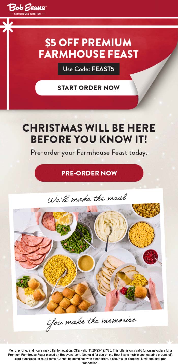 Bob Evans restaurants Coupon  $5 off farmhouse feast at Bob Evans restaurants via promo code FEAST5 #bobevans 