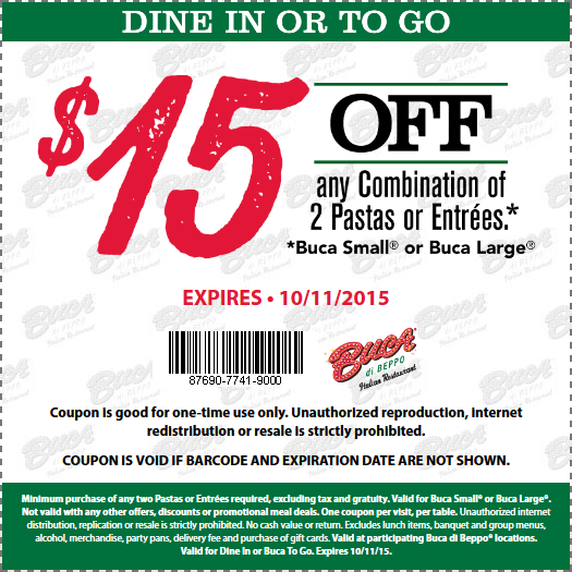 Buca di Beppo Coupon April 2024 $15 off a couple entrees at Buca di Beppo Italian restaurants