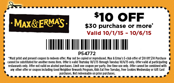 Max & Ermas Coupon April 2024 $10 off $30 at Max & Ermas restaurants