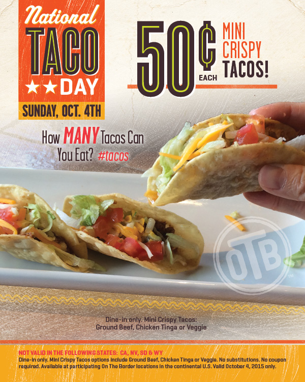 On The Border Coupon April 2024 50 cent mini-tacos Sunday at On The Border restaurants