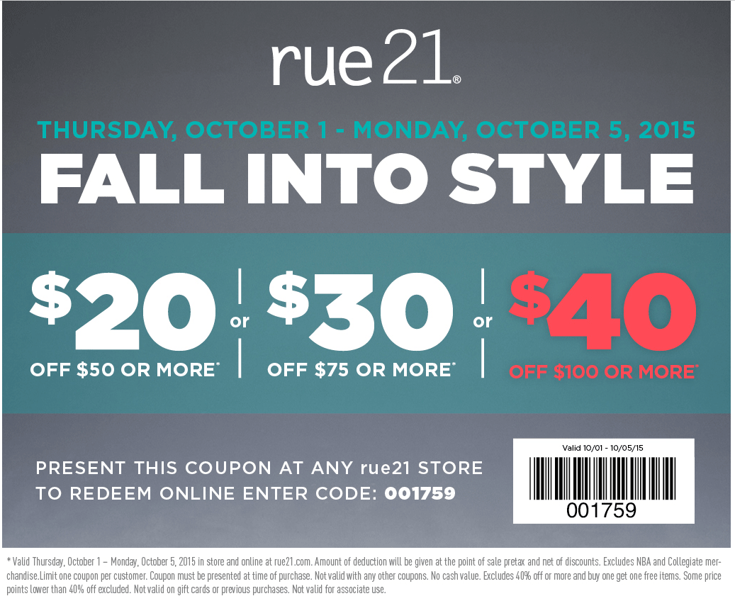 Rue21 Coupon April 2024 $20 off $50 & more at rue21, or online via promo code 001759