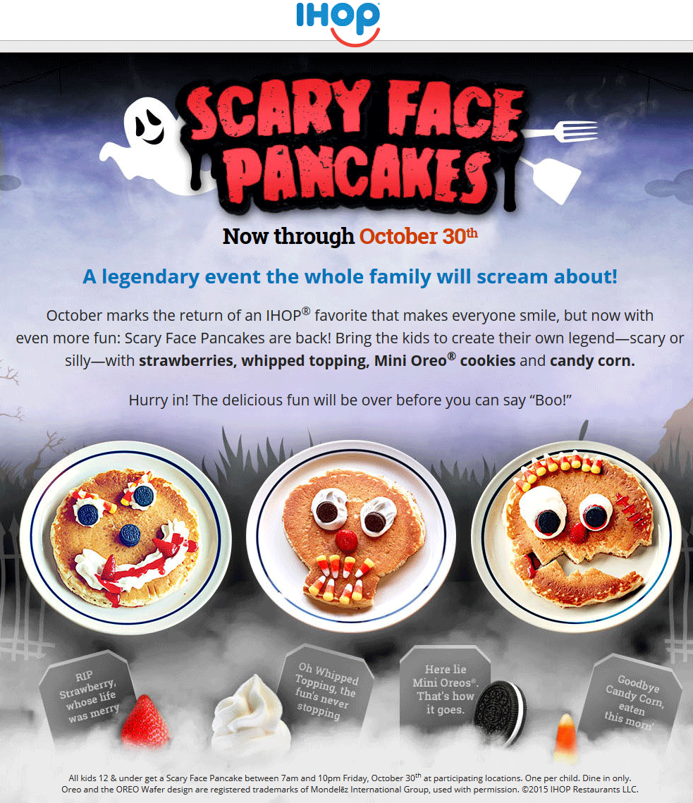 IHOP Coupon April 2024 Free scary face pancake for kids the 30th at IHOP