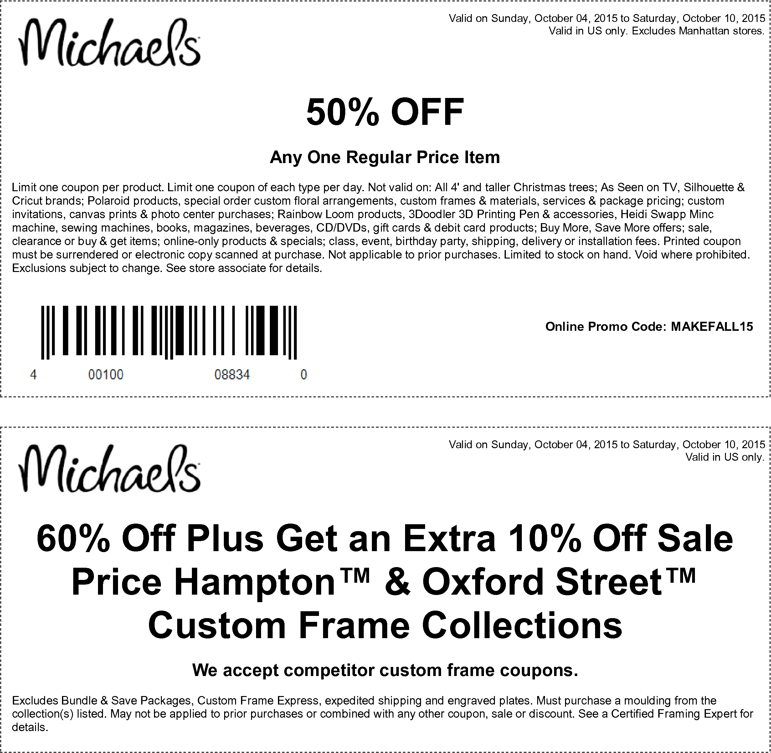 Michaels Coupon November 2024 50% off a single item at Michaels, or online via promo code MAKEFALL15