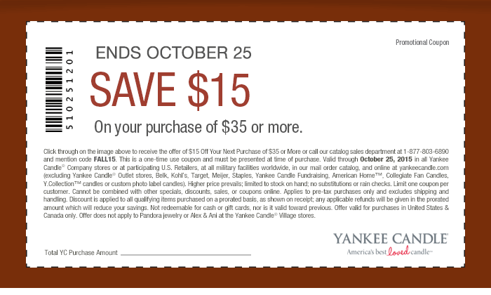 Yankee Candle Coupon April 2024 $15 off $35 at Yankee Candle, or online via promo code FALL15