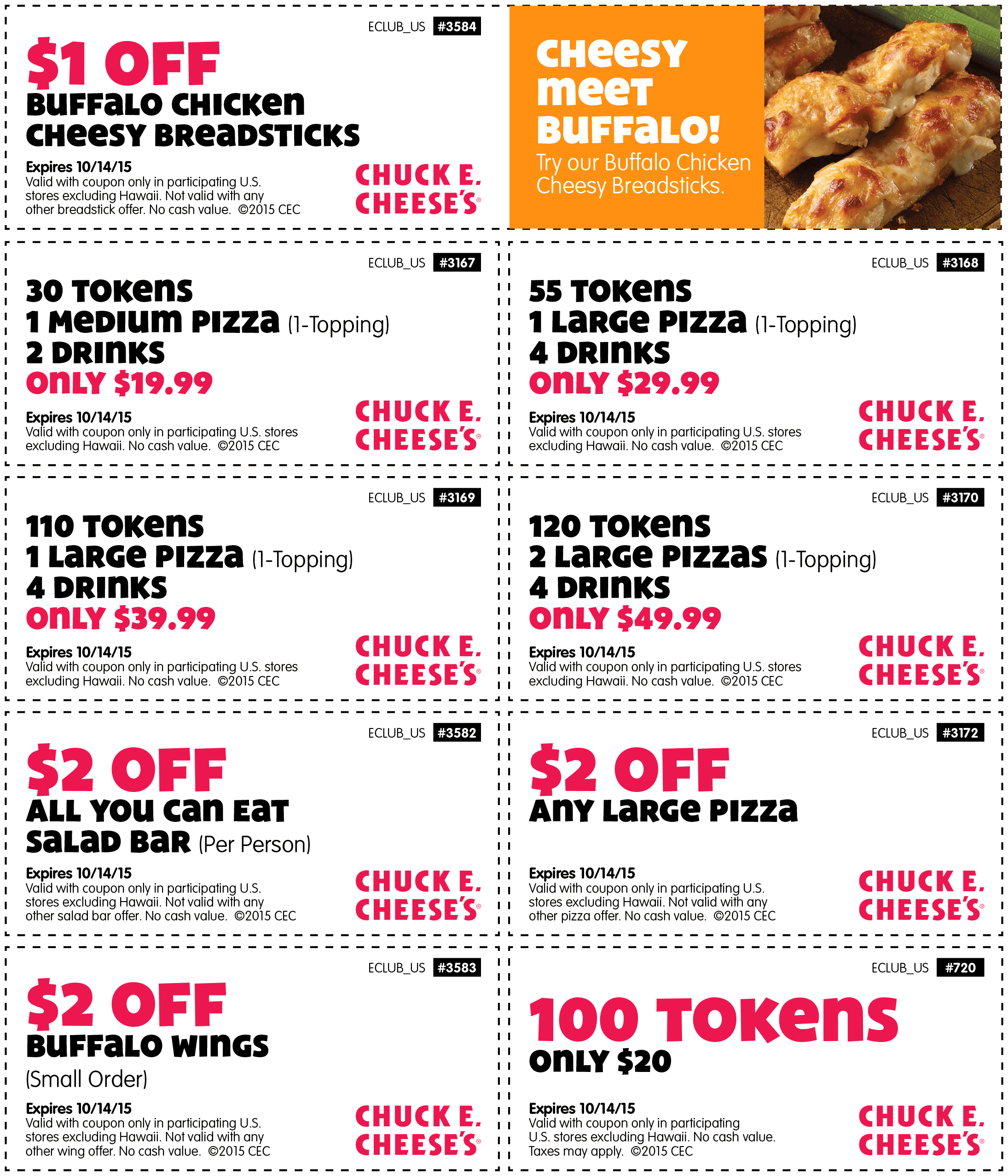 Chuck E. Cheese Coupon March 2024 30 tokens + a pizza + drinks = $20 & more at Chuck E. Cheese
