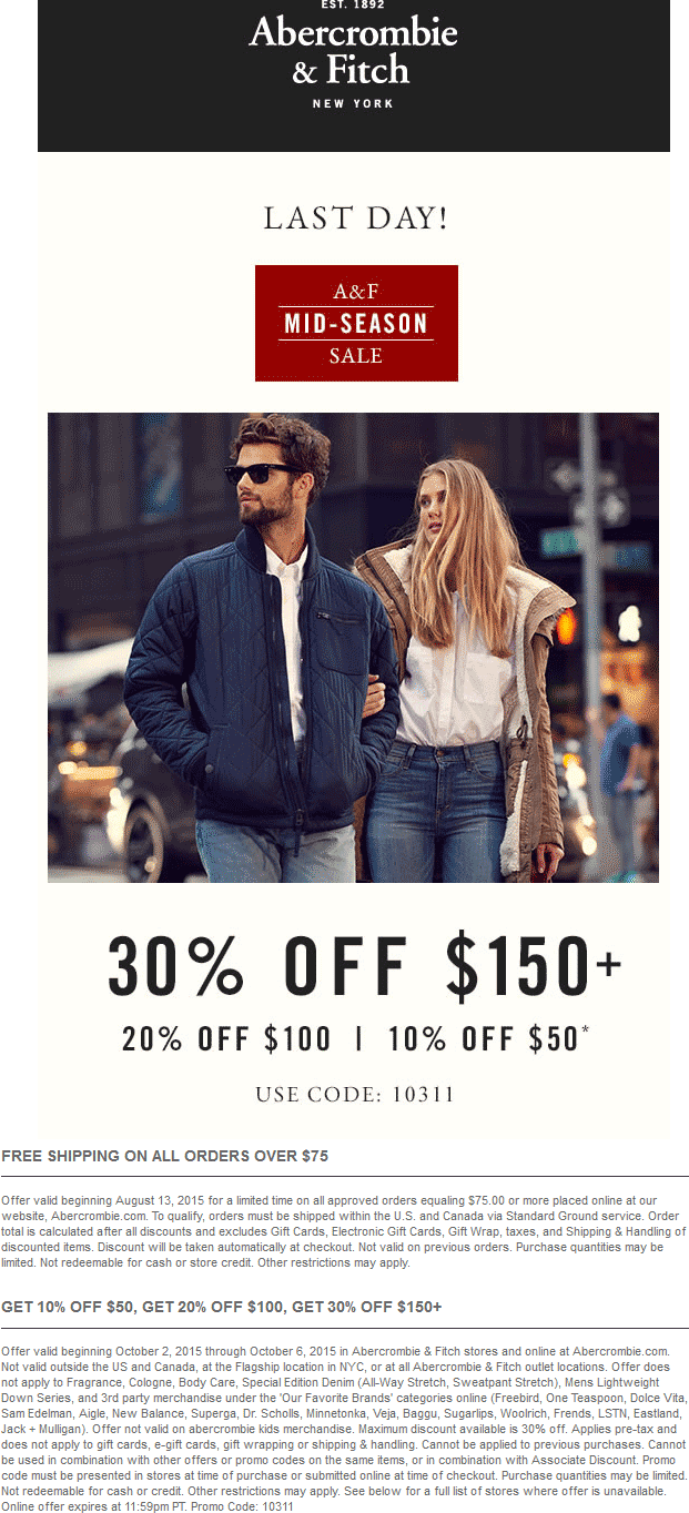 Abercrombie & Fitch Coupon March 2024 10-30% off $50+ today at Abercrombie & Fitch, or online via promo code 10311