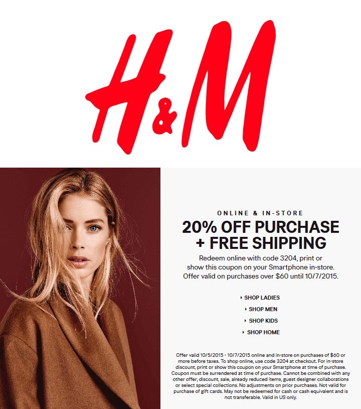 H&M Coupon March 2024 20% off at H&M, or online via promo code 3204