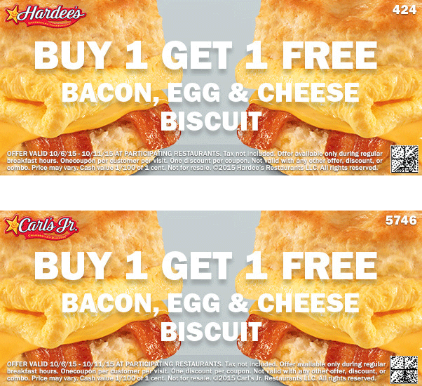 Hardees Coupon April 2024 Second bacon egg & cheese biscuit free at Hardees & Carls Jr.