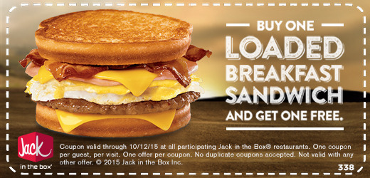 Jack in the Box Coupon April 2024 Second loaded breakfast sandwich free at Jack in the Box