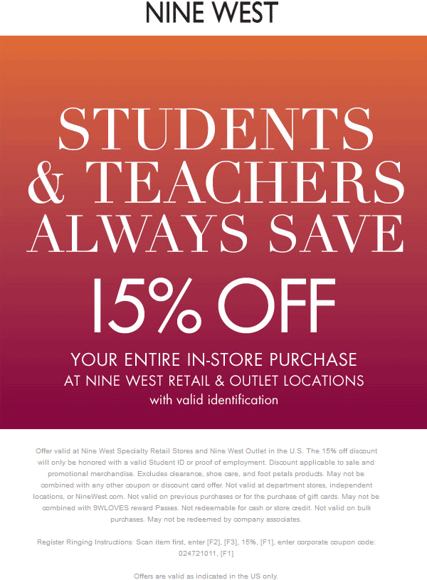 Nine West Coupon April 2024 Students and teachers enjoy 15% off at Nine West & outlet locations