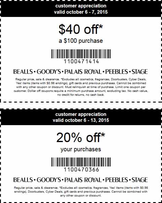 Bealls Coupon April 2024 $40 off $100 & 20% off at Bealls, Goodys, Palais Royal, Peebles & Stage stores, or $10 off $50 online via promo code FALLSALE