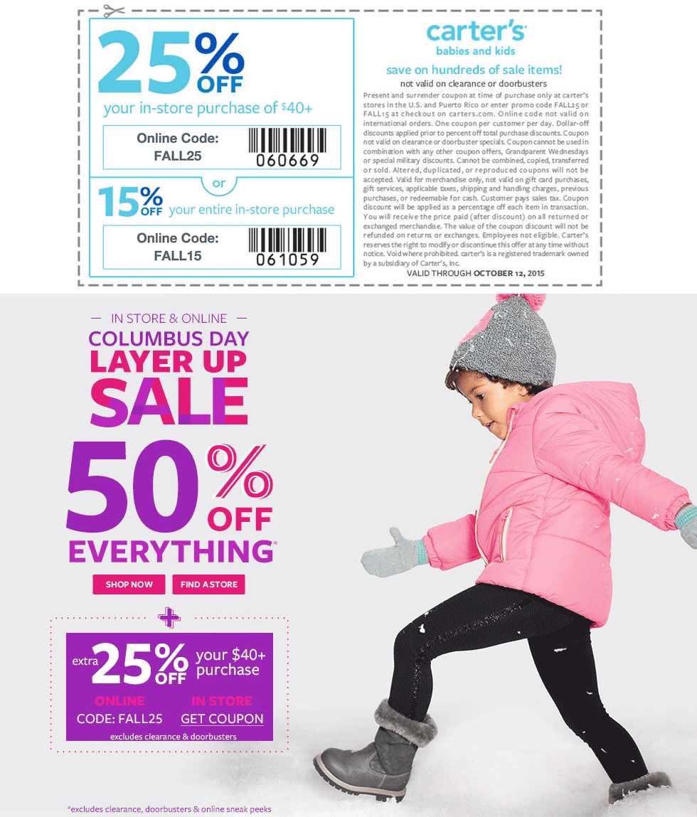 Carters Coupon April 2024 50% off everything + extra 25% off $40 at Carters, or online via promo code FALL25