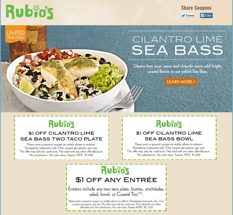 Rubios Coupon March 2024 $1 off an entree at Rubios fish tacos & Mexican food