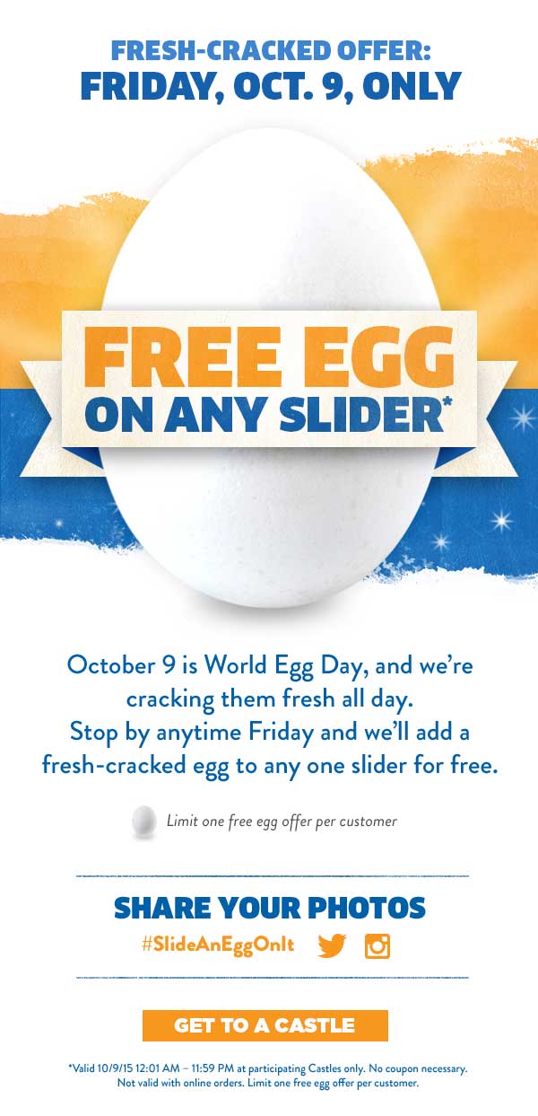 White Castle Coupon April 2024 Free egg atop your slider Friday at White Castle