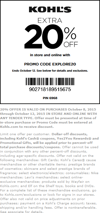 Kohls Coupon May 2024 Extra 20% off at Kohls, or online via promo code EXPLORE20