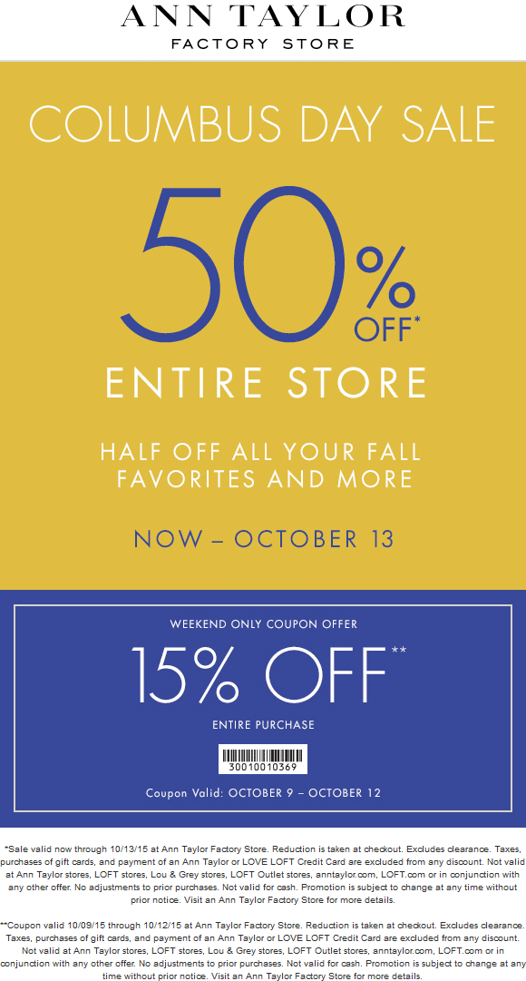 Ann Taylor Factory Coupon April 2024 50% off everything at Ann Taylor Factory, 60% off sale items online via promo code SHOPFALL
