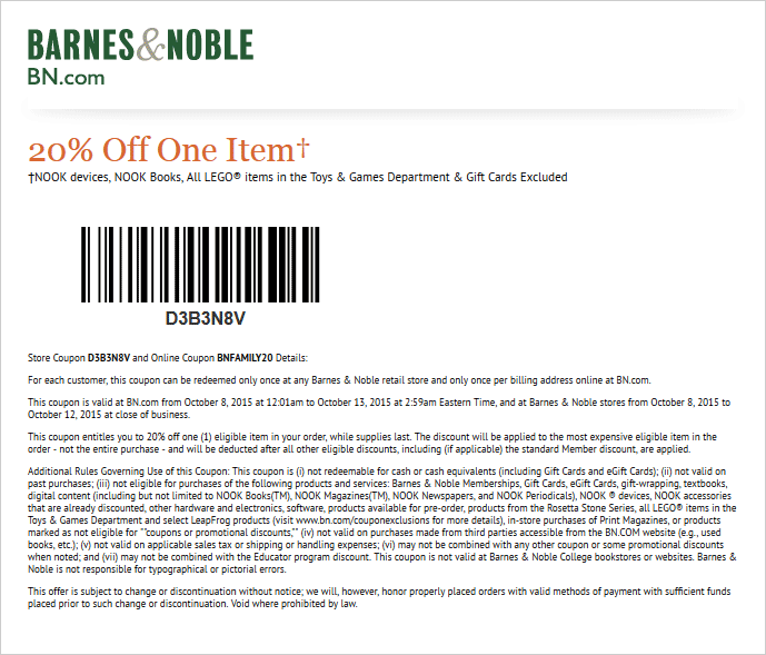 Barnes & Noble Coupon March 2024 20% off a single item at Barnes & Noble, or online via promo code BNFAMILY20