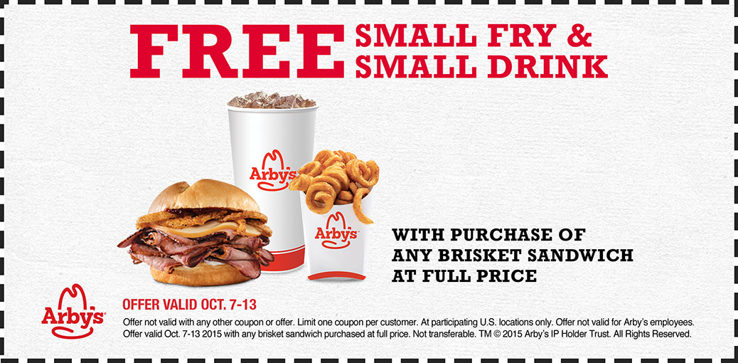 Arbys Coupon April 2024 Free fries & drink with your brisket sandwich at Arbys