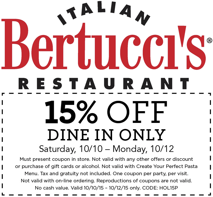 Bertuccis Coupon April 2024 15% off at Bertuccis Italian restaurant