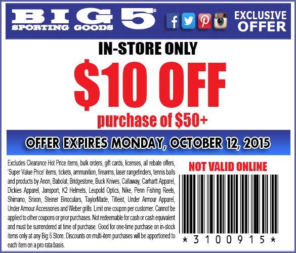 Big 5 Coupon March 2024 $10 off $50 at Big 5 sporting goods