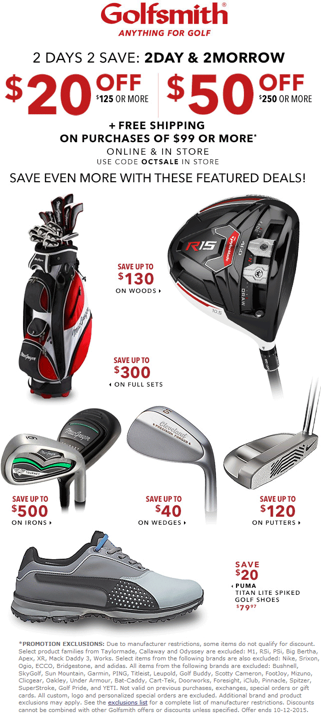 Golfsmith Coupon March 2024 $20 off $125 & more at Golfsmith, ditto online with free shipping