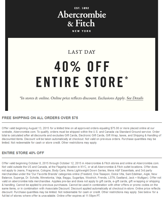Abercrombie & Fitch Coupon April 2024 40% off everything today at Abercrombie & Fitch, ditto online