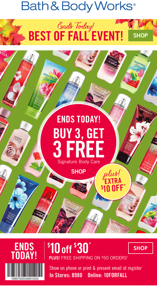 Bath & Body Works Coupon April 2024 $10 off $30 today at Bath & Body Works, or online via promo code 10FORFALL