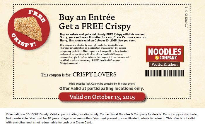 Noodles & Company Coupon April 2024 Free crispy with your entree Tuesday at Noodles & Company