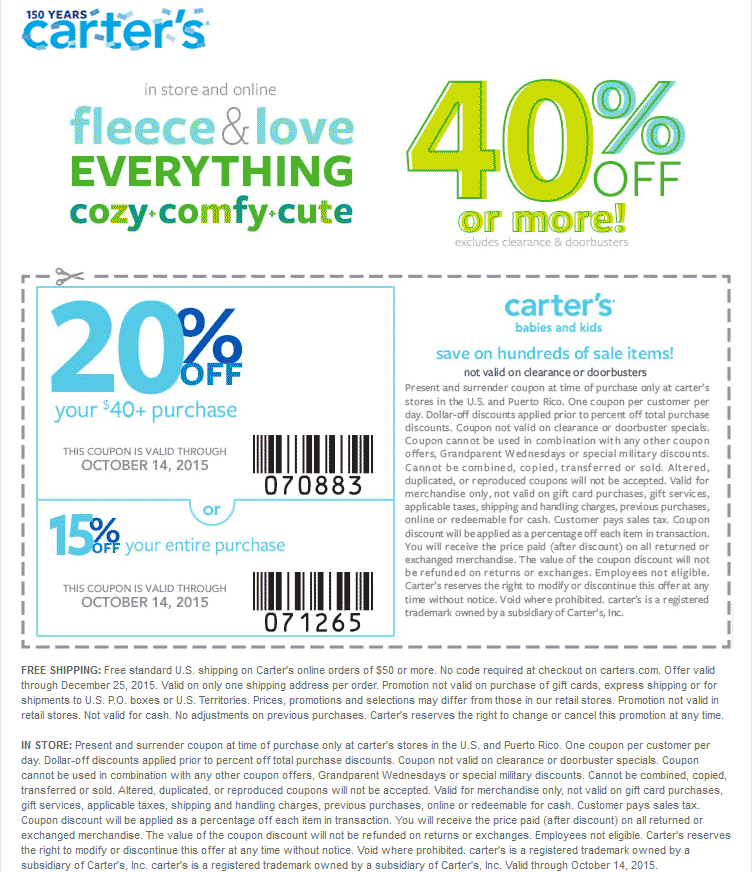 Carters Coupon April 2024 40% off everything + 20% off $40 at Carters, ditto online