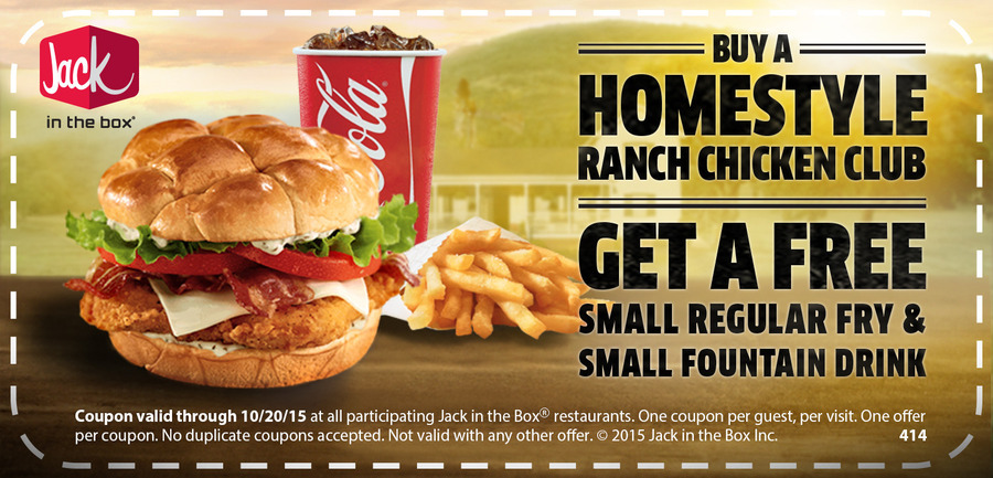Jack in the Box Coupon April 2024 Fries & drink free with your ranch chicken club at Jack in the Box
