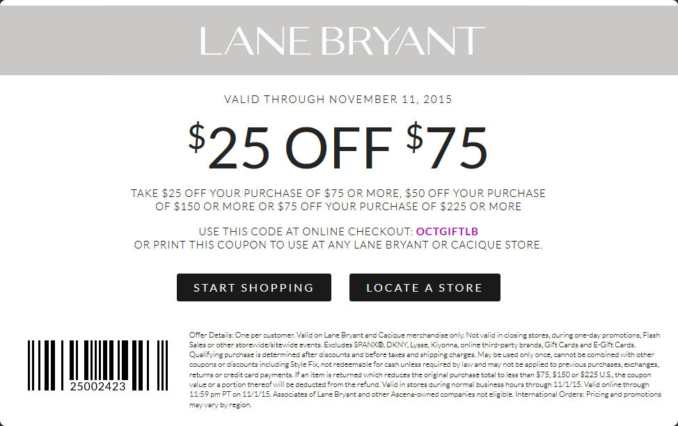 Lane Bryant Coupon April 2024 $25 off $75 at Lane Bryant, or online via promo code OCTGIFTLB