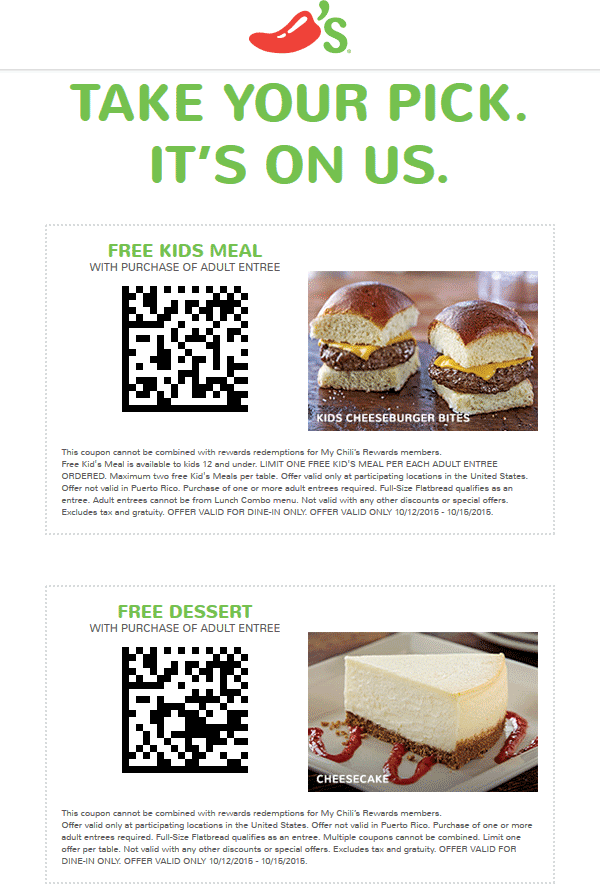 Chilis Coupon April 2024 Free dessert or kids meal with your entree at Chilis