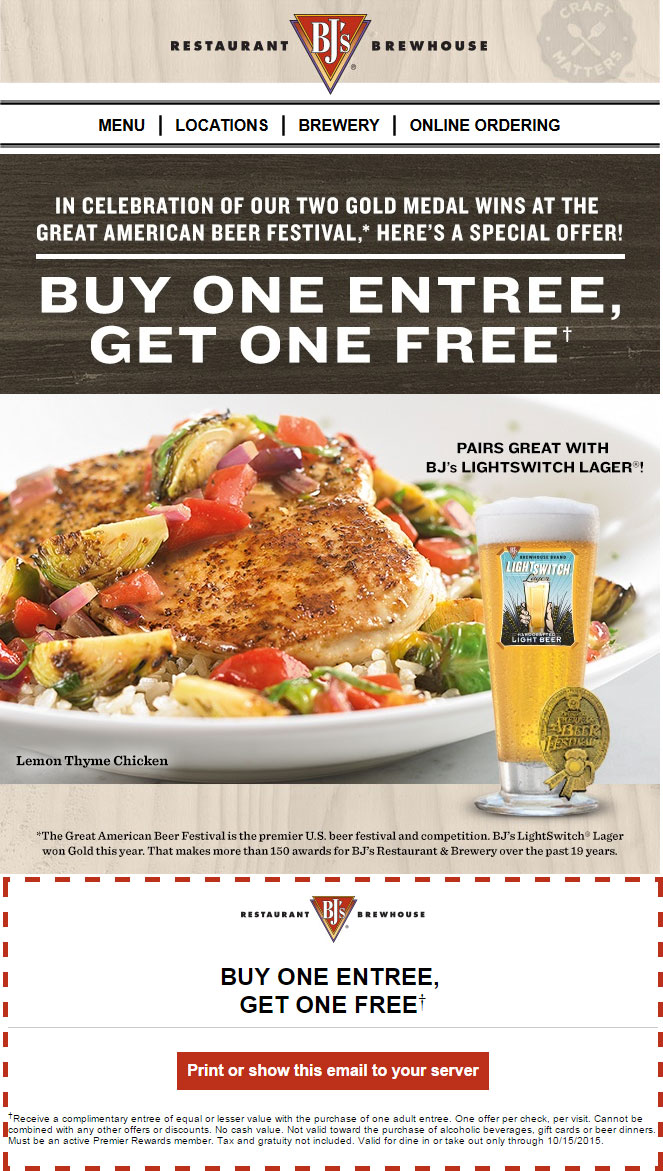 BJs Restaurant Coupon March 2024 Second entree free today at BJs Restaurant & brewhouse