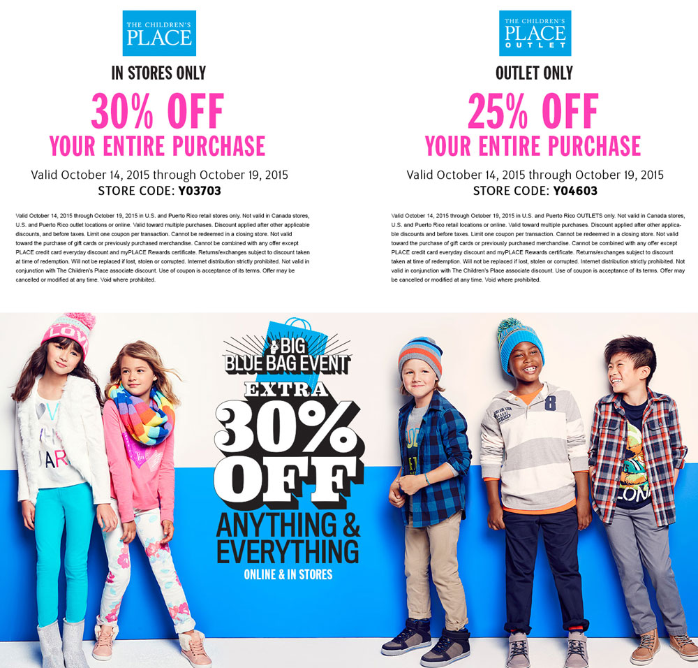 The Childrens Place Coupon April 2024 30% off everything at The Childrens Place, or online via promo code BLUEBAG30 - 25% at outlets