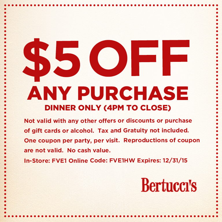 Bertuccis Coupon April 2024 $5 off dinner at Bertuccis